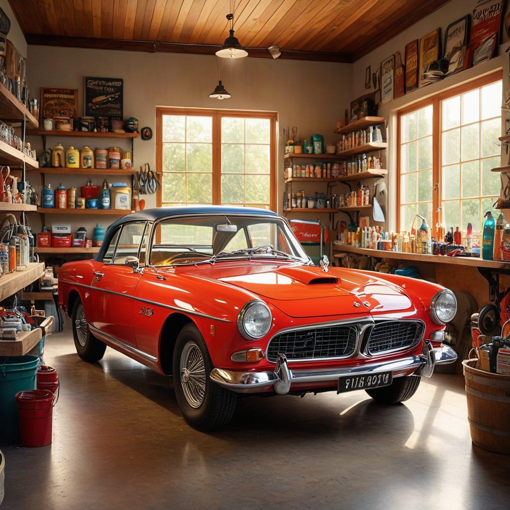 A passionate car enthusiast lovingly detailing their vintage car in a bright, sunlit garage. The scene includes various colorful car care products, a tool bench filled with tools, and posters of classic cars on the walls. Emphasize a sense of joy and dedication in the atmosphere, with sparkling reflections on the car's surface. super-realistic. vibrant colors. detailed background.