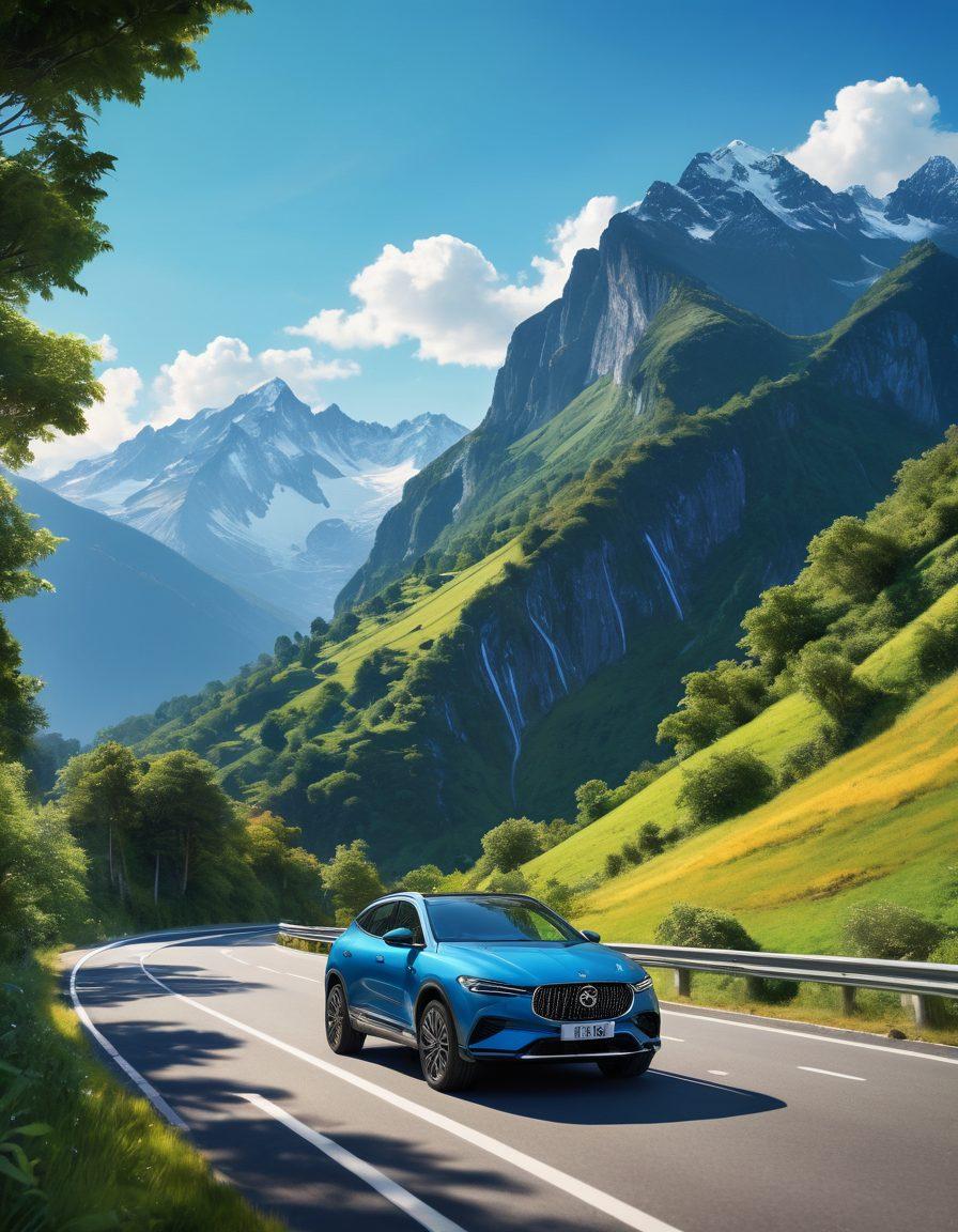 A confident driver in a stylish car, cruising on a scenic road with vibrant greenery and mountains in the background. Include a shield symbol representing vehicle coverage, along with a friendly roadside assistance figure waving from the side. The atmosphere conveys freedom and peace of mind. modern illustration. vibrant colors. 3D.