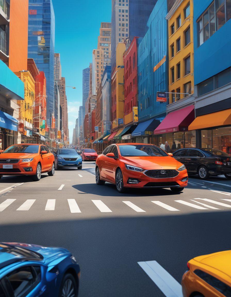 A passionate driver inspecting different auto insurance options, surrounded by vibrant graphics of various car models and policy papers. The setting is a lively city street, with a dynamic background featuring colorful vehicles and a clear blue sky. Emphasize a sense of exploration and assurance in a modern style. super-realistic. vibrant colors. urban background.